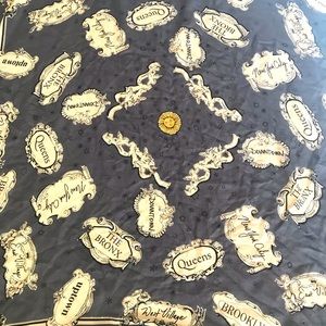 JCREW wool scarf indigo gray background ivory graphics of areas in NY